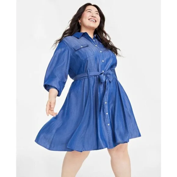 On 34th Plus Size Chambray Long-Sleeve Belted Shirtdress NWT - Picture 2 of 7